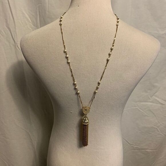 Gold and Pearl Long Tassel Necklace - Picture 1 of 5